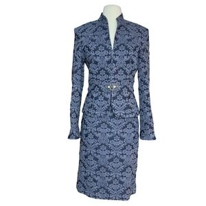 Vintage Women Small Vampire Corporate Goth Brocade Steel Blue Blazer Skirt Suit